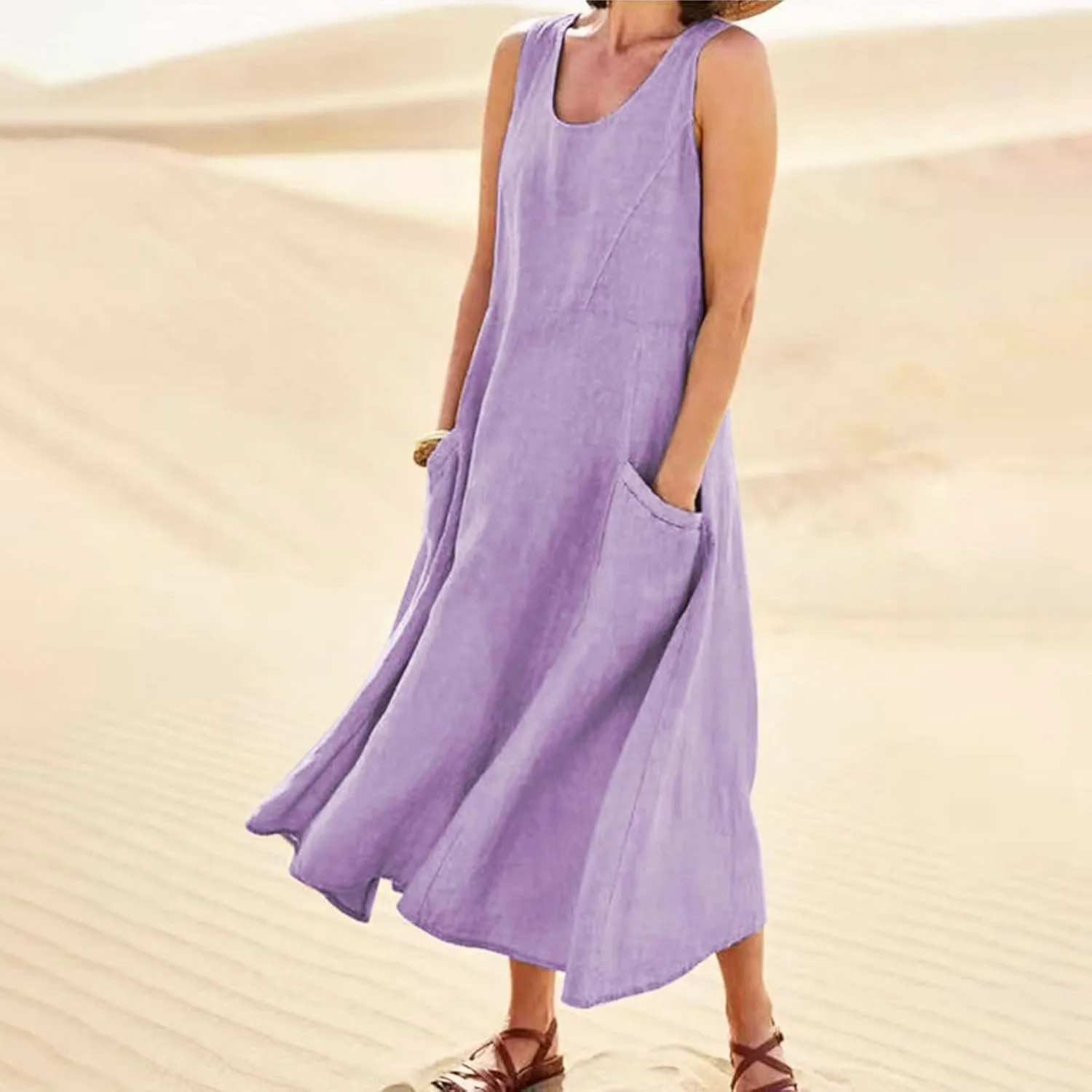 Maxi Floral Dress for Women Plus Size Vacation Scoop Neck Beach Dress with Pockets Long Comfy Flowy Sleeveless Sundress