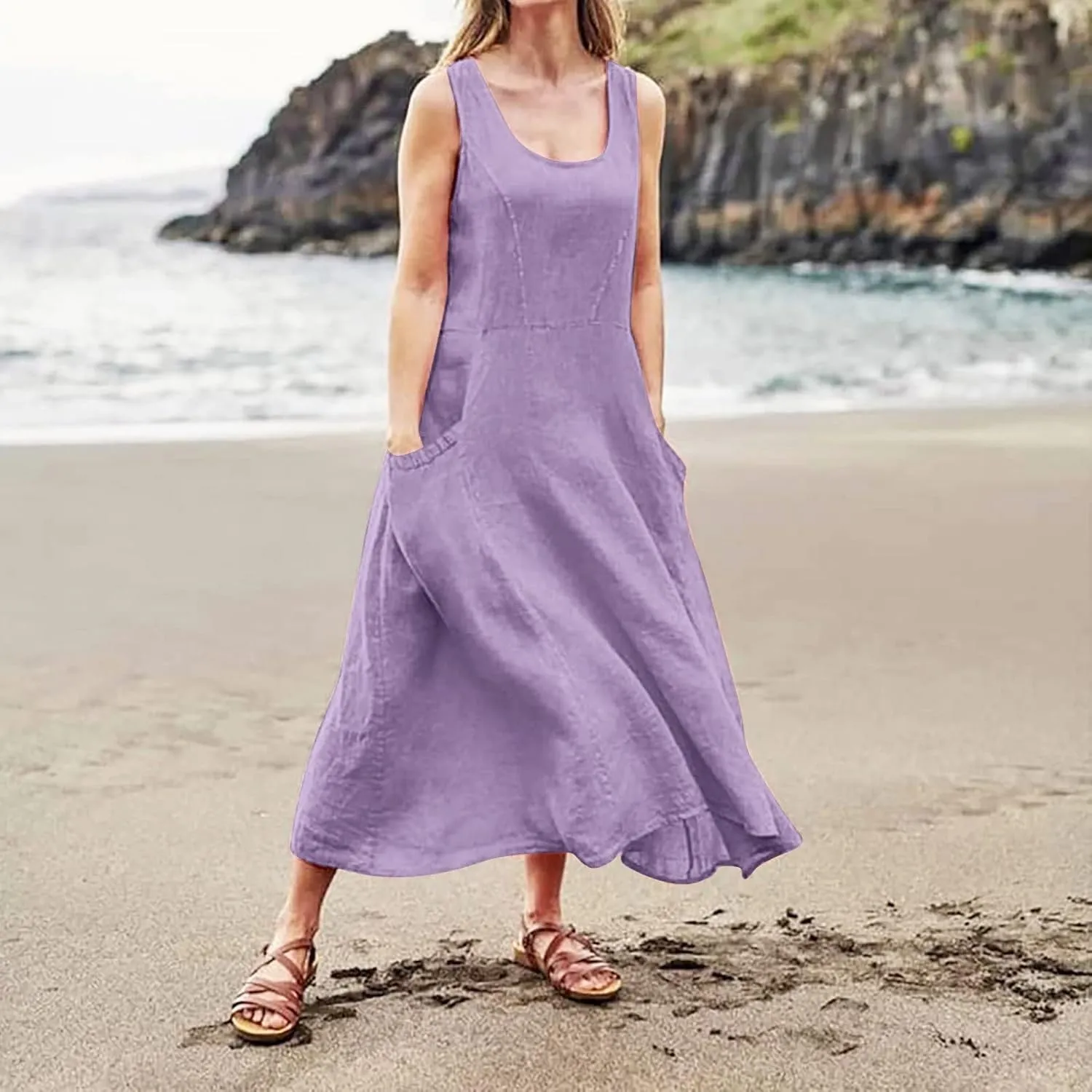 Maxi Floral Dress for Women Plus Size Vacation Scoop Neck Beach Dress with Pockets Long Comfy Flowy Sleeveless Sundress