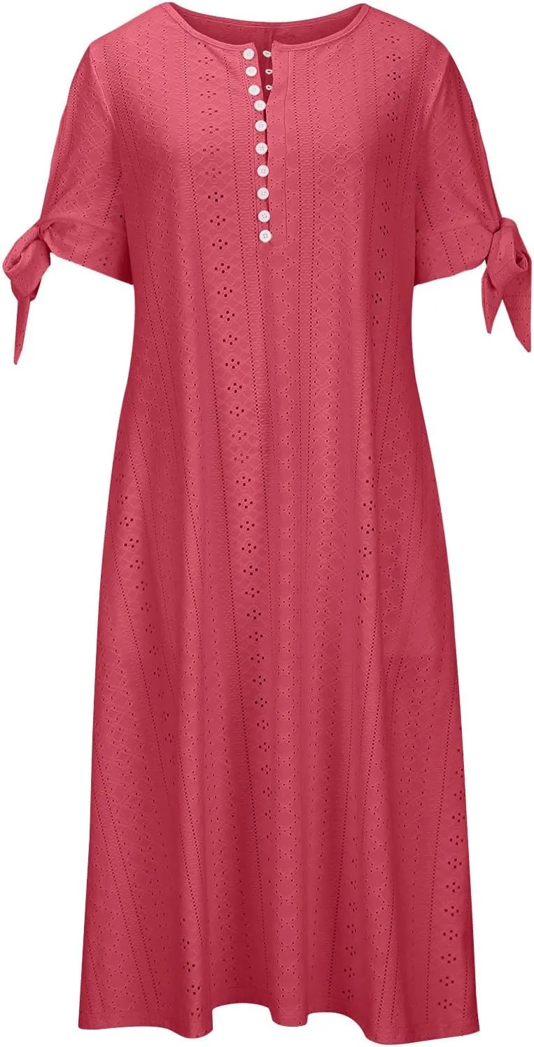 Maxi Long Dresses for Women 2025 Summer Womens Eyelet Dress Short Sleeve Tshirt Dress Casual Vacation Sundress