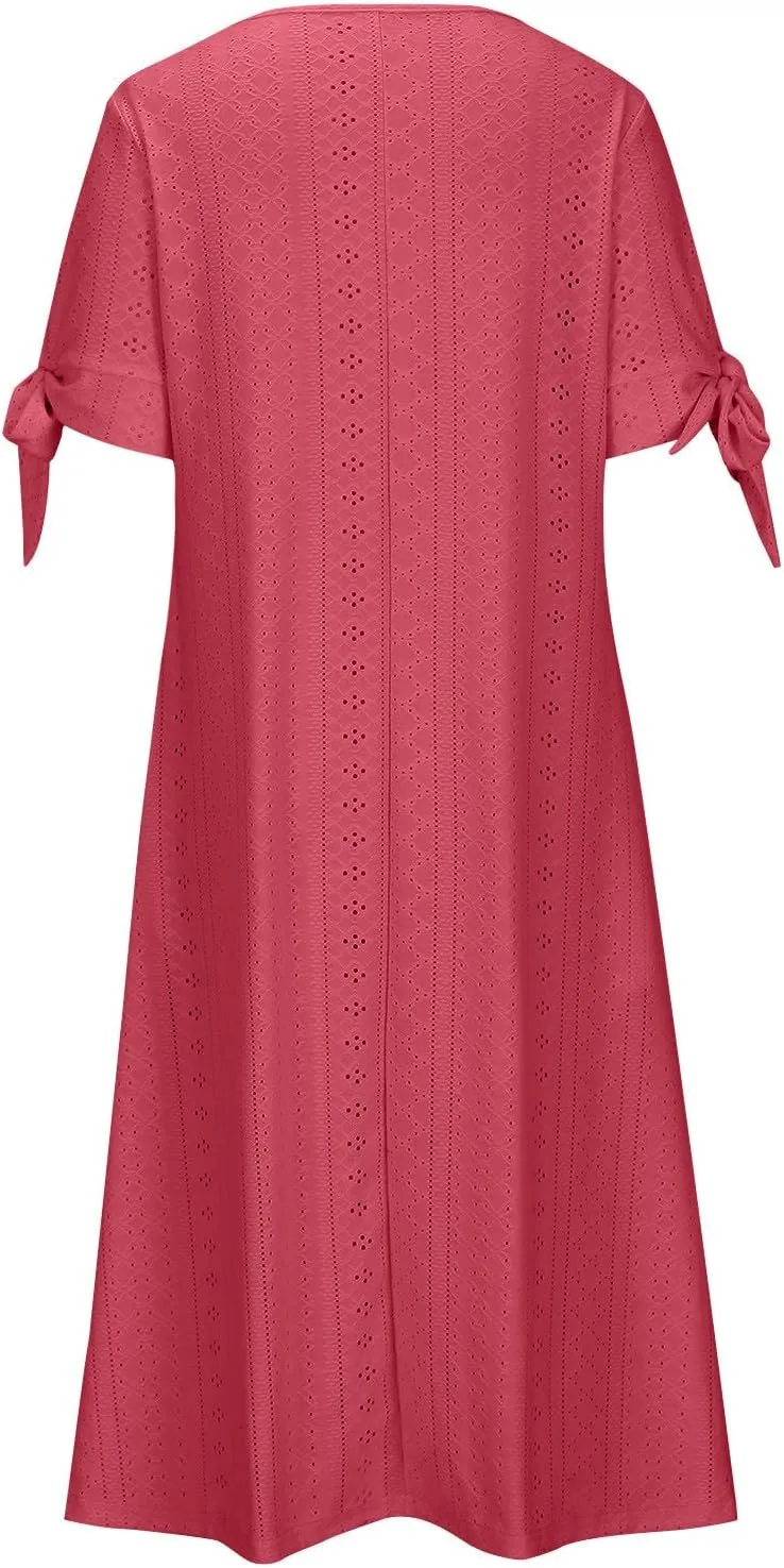 Maxi Long Dresses for Women 2025 Summer Womens Eyelet Dress Short Sleeve Tshirt Dress Casual Vacation Sundress