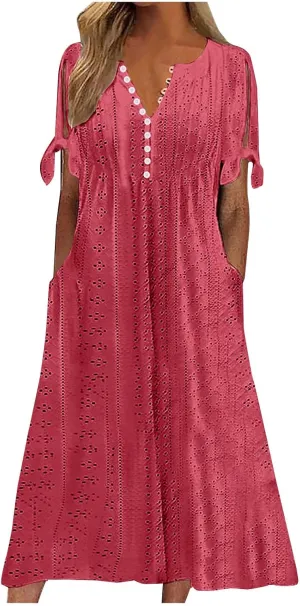 Maxi Long Dresses for Women 2025 Summer Womens Eyelet Dress Short Sleeve Tshirt Dress Casual Vacation Sundress