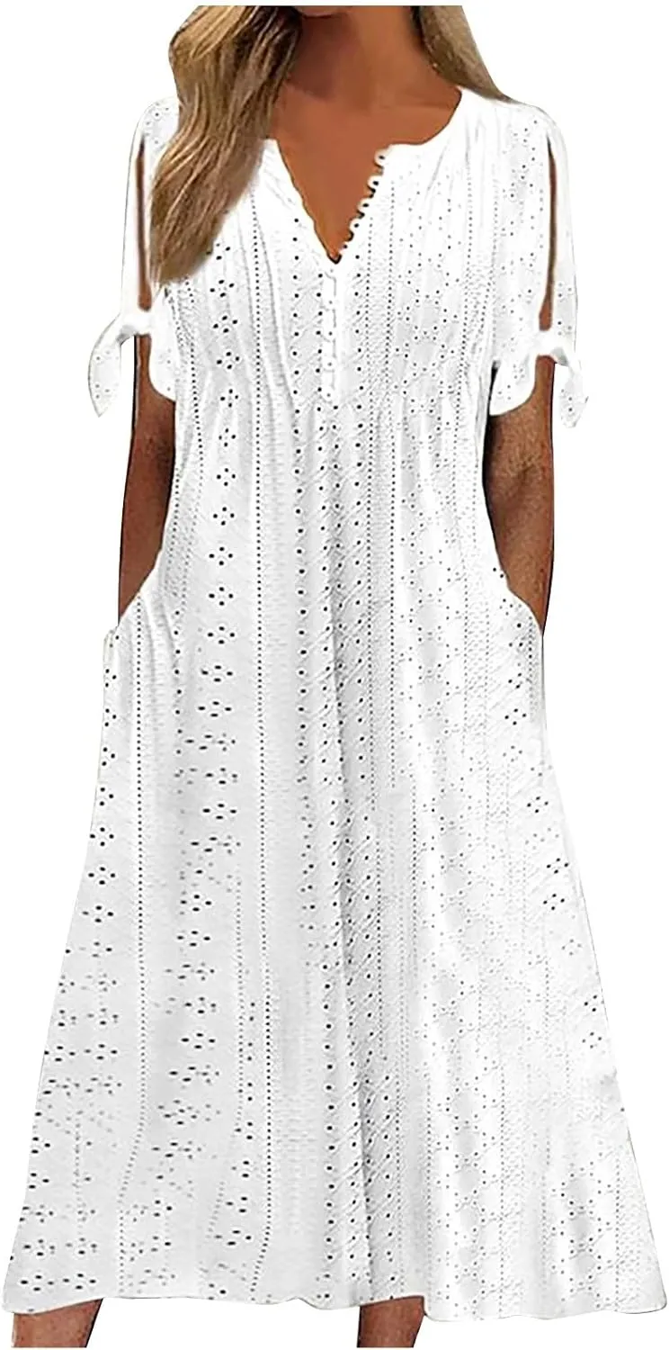 Maxi Long Dresses for Women 2025 Trendy Eyelet Dress Short Sleeve Tshirt Dress Casual Summer Beach Vacation Sundress