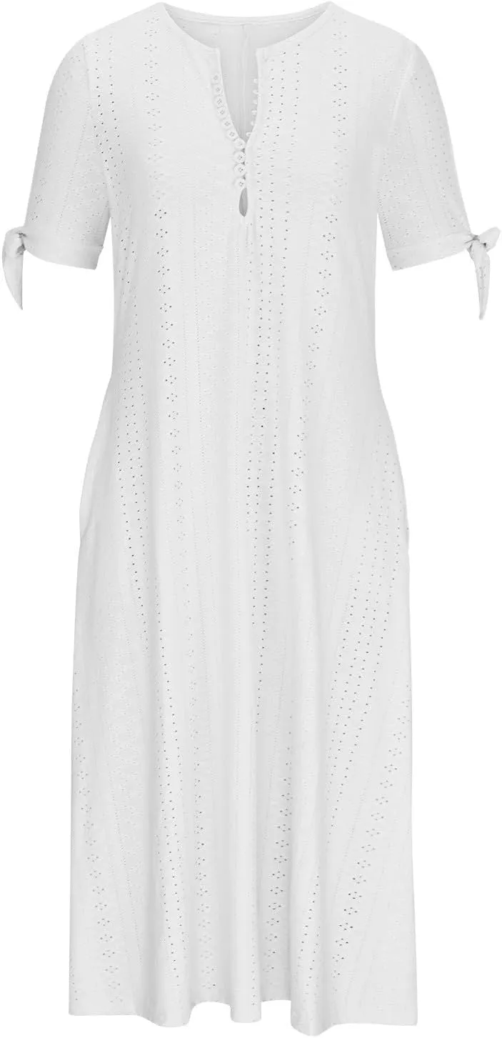 Maxi Long Dresses for Women 2025 Trendy Eyelet Dress Short Sleeve Tshirt Dress Casual Summer Beach Vacation Sundress