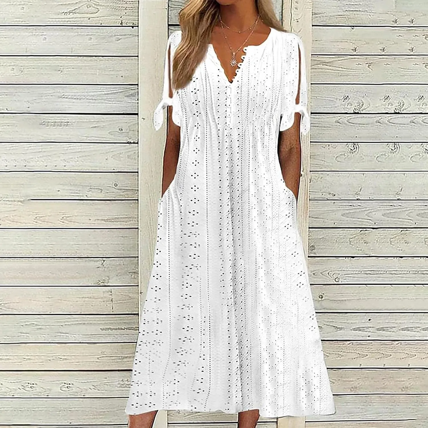 Maxi Long Dresses for Women 2025 Trendy Eyelet Dress Short Sleeve Tshirt Dress Casual Summer Beach Vacation Sundress