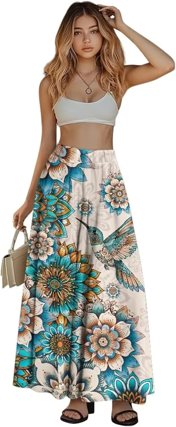 Maxi Skirt for Women Flowy High Waisted Casual Long Skirt Comfy Swing Party Skirts with Pockets Size S-2XL