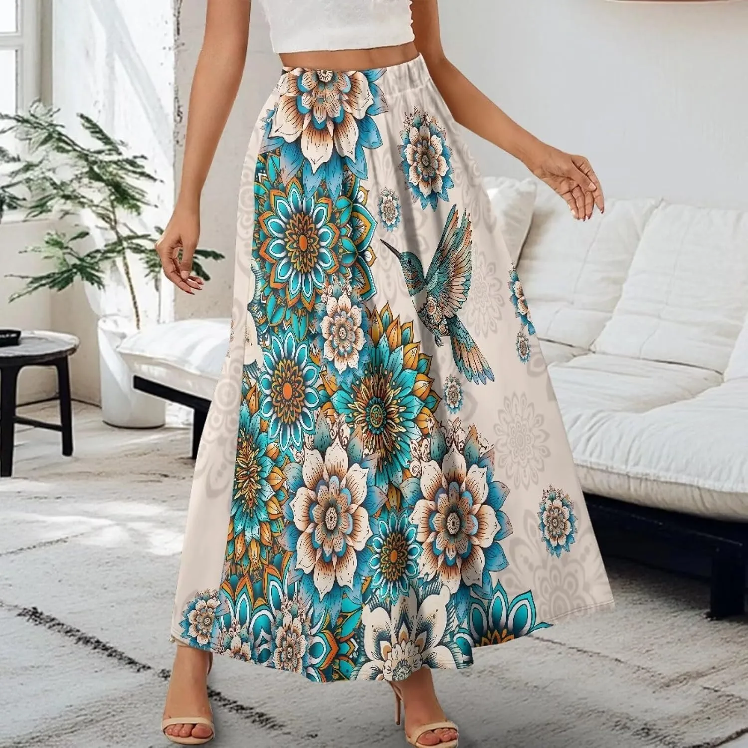 Maxi Skirt for Women Flowy High Waisted Casual Long Skirt Comfy Swing Party Skirts with Pockets Size S-2XL