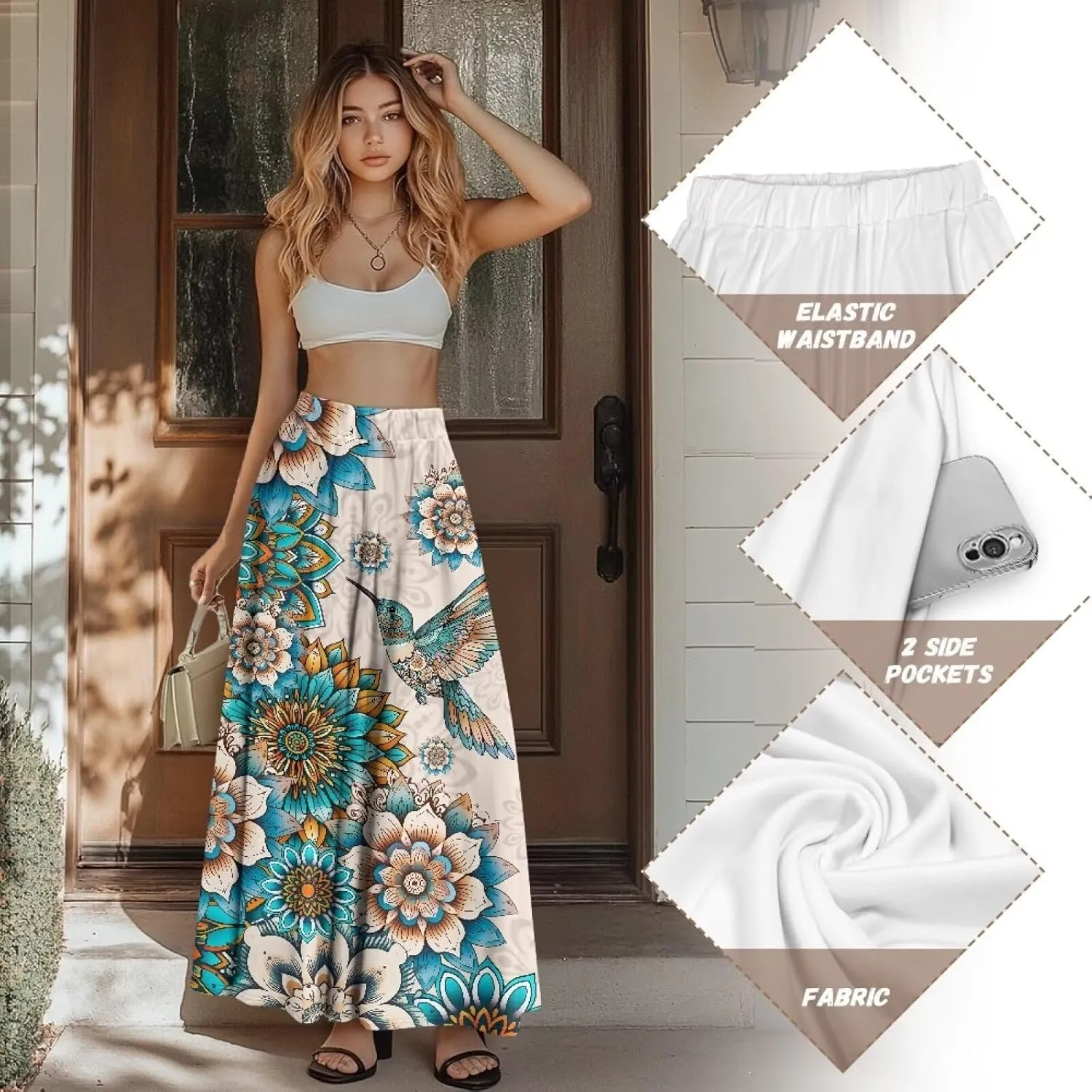 Maxi Skirt for Women Flowy High Waisted Casual Long Skirt Comfy Swing Party Skirts with Pockets Size S-2XL
