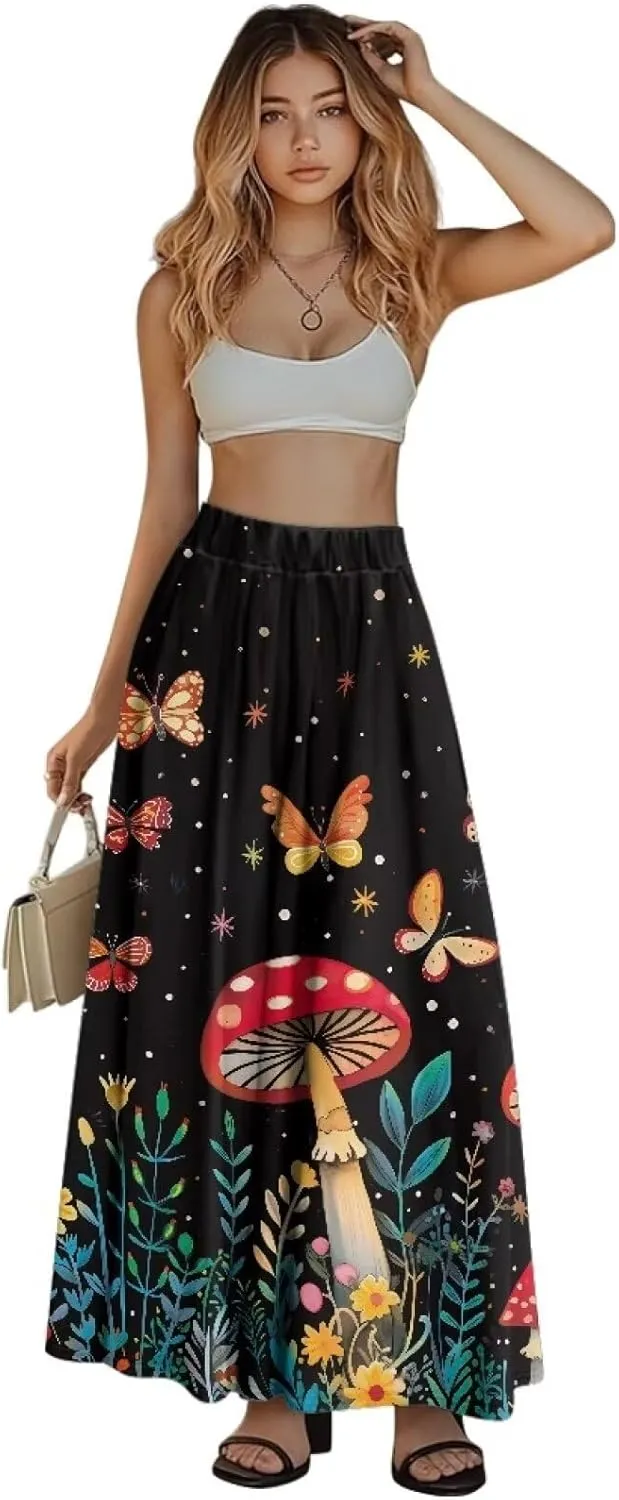 Maxi Skirt for Women Flowy High Waisted Casual Skirt Full Length Comfy Swing Skirts with Pockets Size S-2XL