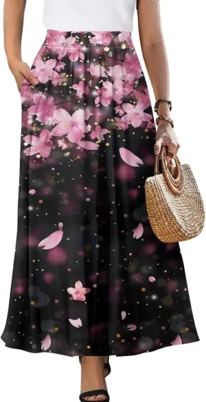 Maxi Skirt for Women Flowy High Waisted Casual Skirt Full Length Comfy Swing Skirts with Pockets Size S-2XL