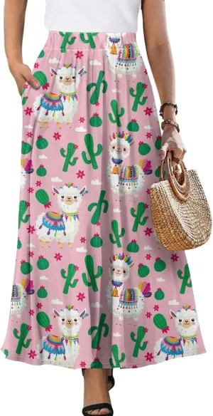 Maxi Skirt for Women Flowy High Waisted Casual Skirt Full Length Comfy Swing Skirts with Pockets Size S-2XL