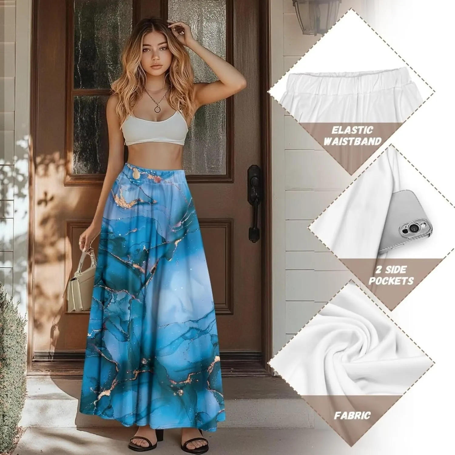 Maxi Skirt for Women Flowy High Waisted Casual Skirt Full Length Comfy Swing Skirts with Pockets Size S-2XL