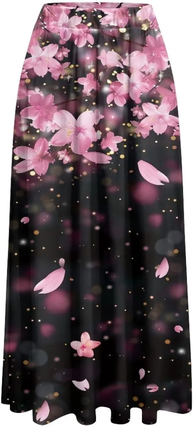 Maxi Skirt for Women Flowy High Waisted Casual Skirt Full Length Comfy Swing Skirts with Pockets Size S-2XL