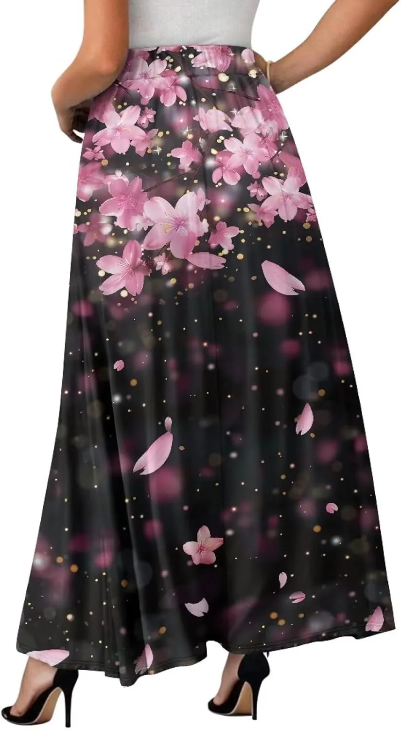 Maxi Skirt for Women Flowy High Waisted Casual Skirt Full Length Comfy Swing Skirts with Pockets Size S-2XL