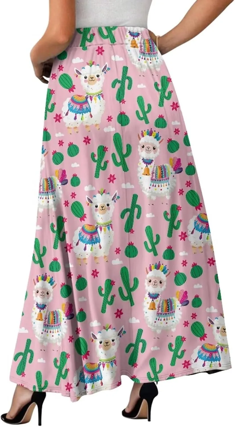 Maxi Skirt for Women Flowy High Waisted Casual Skirt Full Length Comfy Swing Skirts with Pockets Size S-2XL