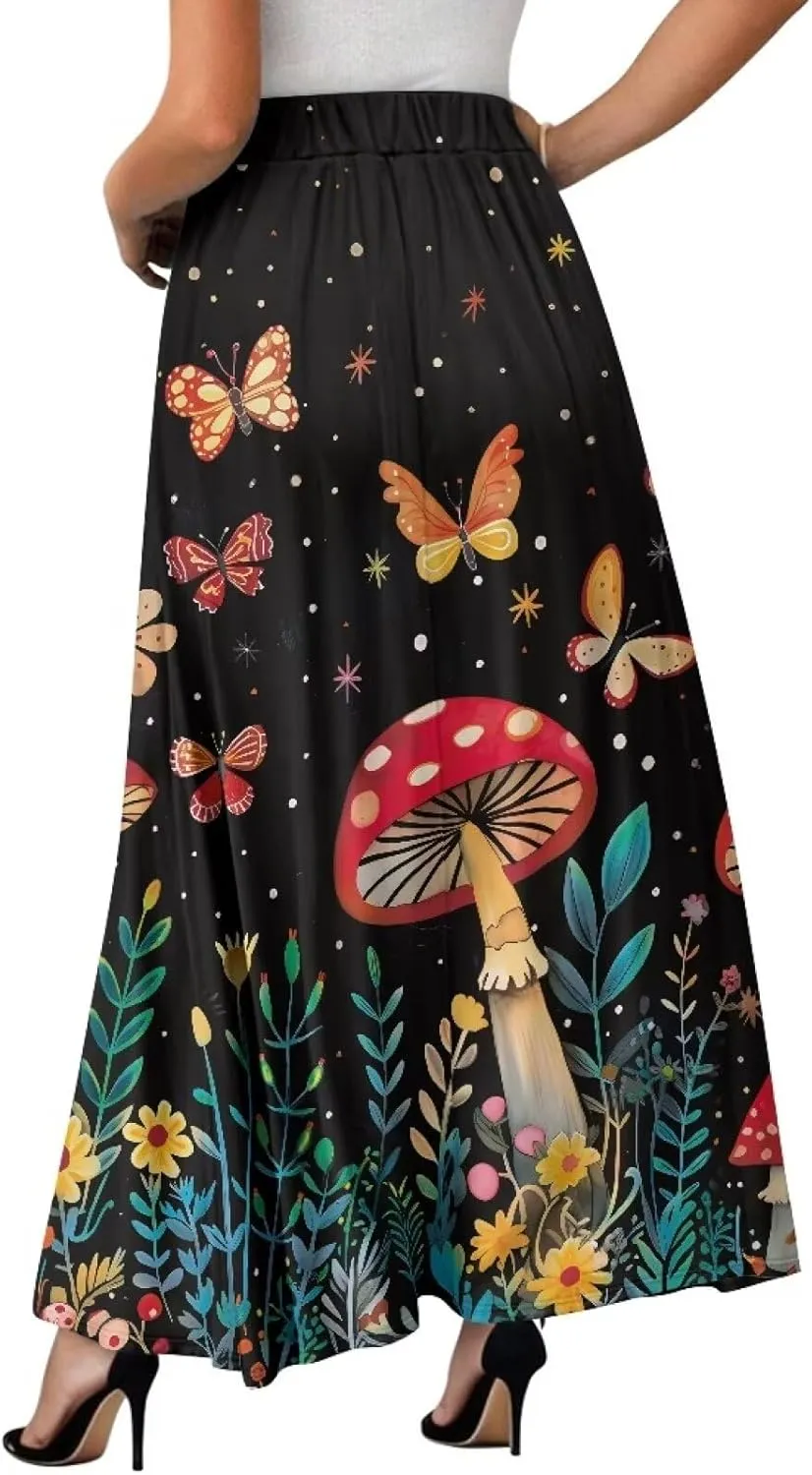 Maxi Skirt for Women Flowy High Waisted Casual Skirt Full Length Comfy Swing Skirts with Pockets Size S-2XL
