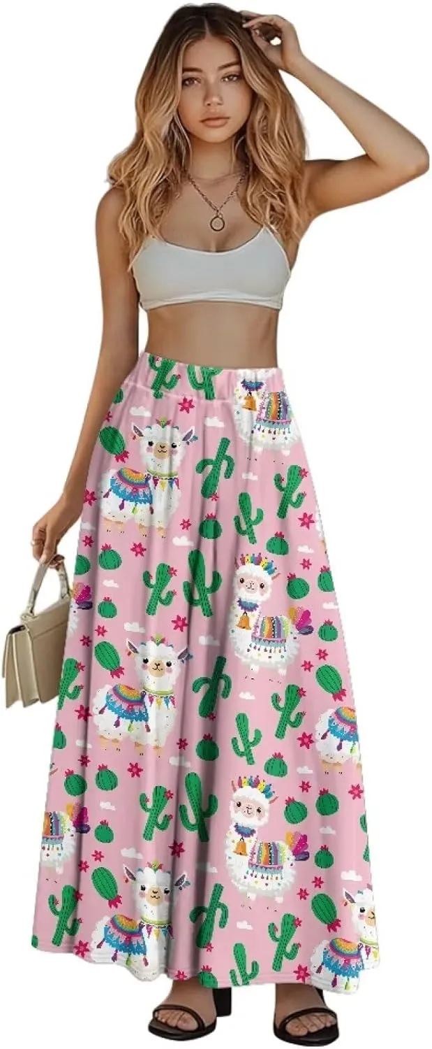 Maxi Skirt for Women Flowy High Waisted Casual Skirt Full Length Comfy Swing Skirts with Pockets Size S-2XL