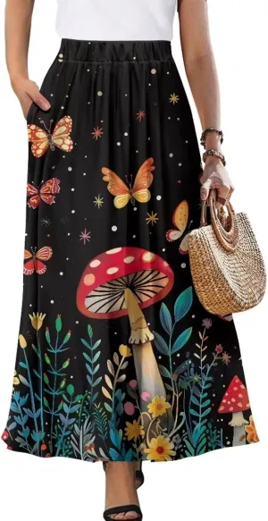 Maxi Skirt for Women Flowy High Waisted Casual Skirt Full Length Comfy Swing Skirts with Pockets Size S-2XL