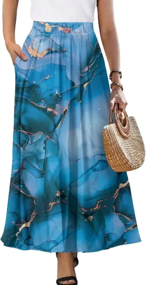 Maxi Skirt for Women Flowy High Waisted Casual Skirt Full Length Comfy Swing Skirts with Pockets Size S-2XL