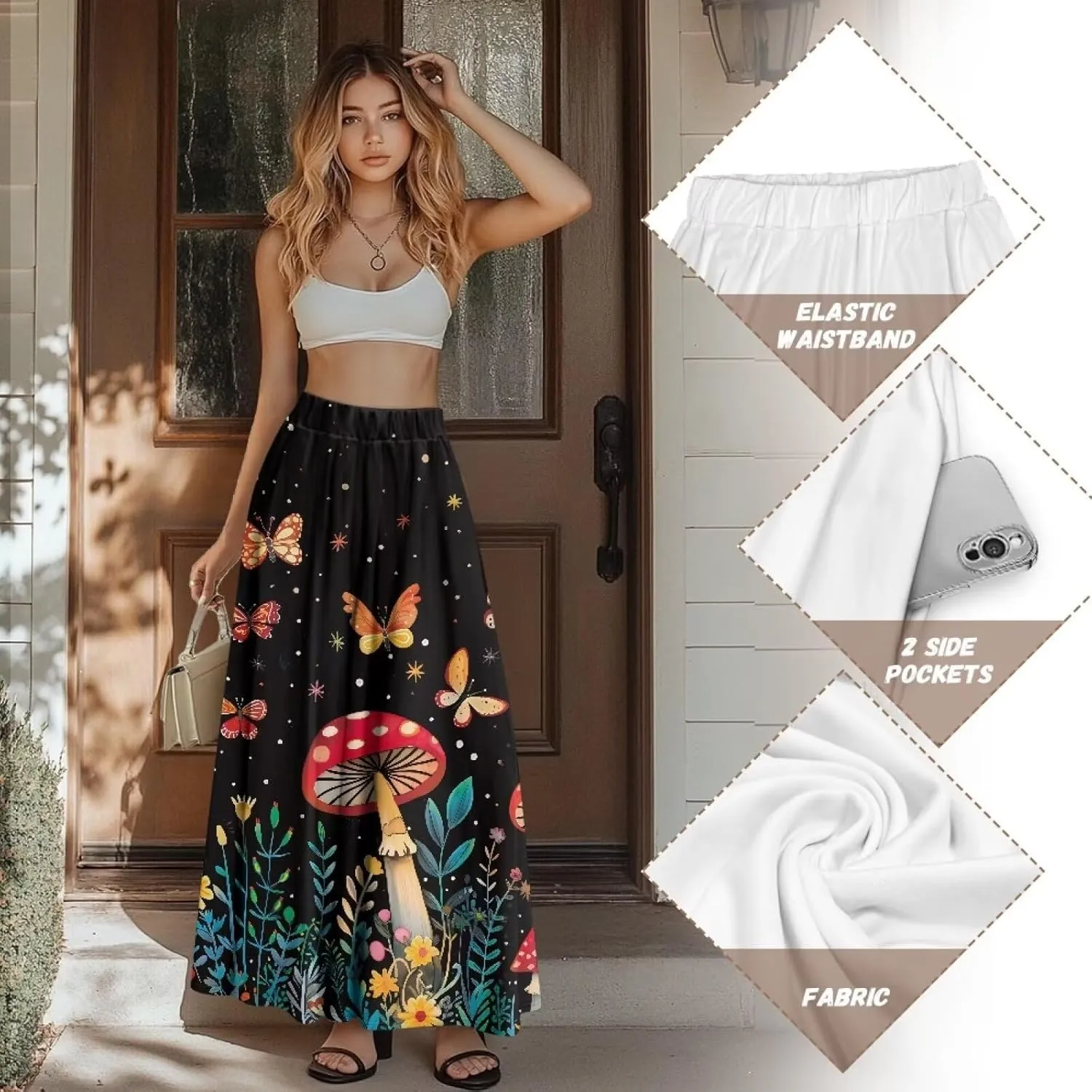 Maxi Skirt for Women Flowy High Waisted Casual Skirt Full Length Comfy Swing Skirts with Pockets Size S-2XL