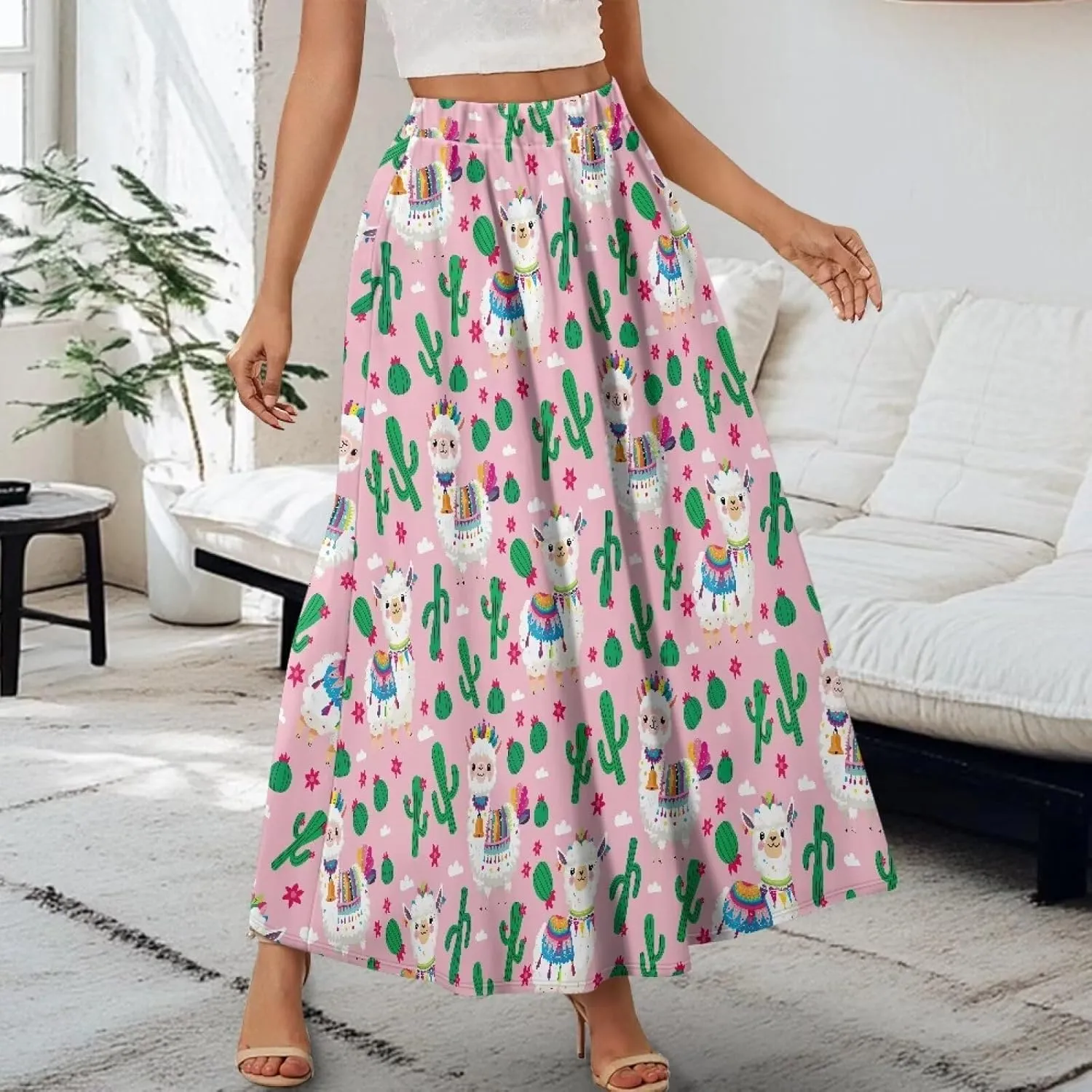 Maxi Skirt for Women Flowy High Waisted Casual Skirt Full Length Comfy Swing Skirts with Pockets Size S-2XL