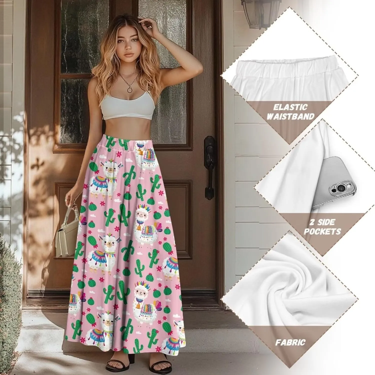 Maxi Skirt for Women Flowy High Waisted Casual Skirt Full Length Comfy Swing Skirts with Pockets Size S-2XL