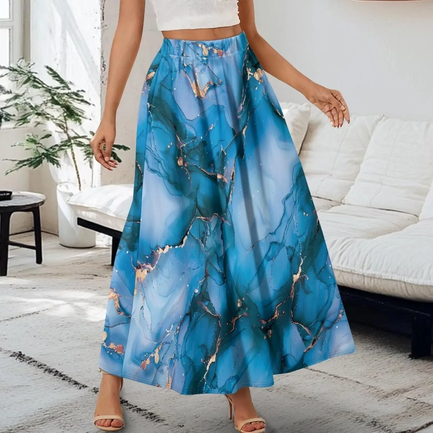 Maxi Skirt for Women Flowy High Waisted Casual Skirt Full Length Comfy Swing Skirts with Pockets Size S-2XL