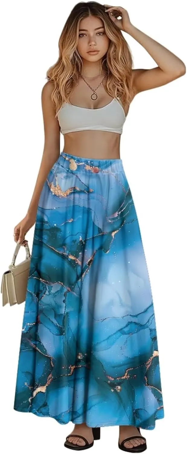 Maxi Skirt for Women Flowy High Waisted Casual Skirt Full Length Comfy Swing Skirts with Pockets Size S-2XL