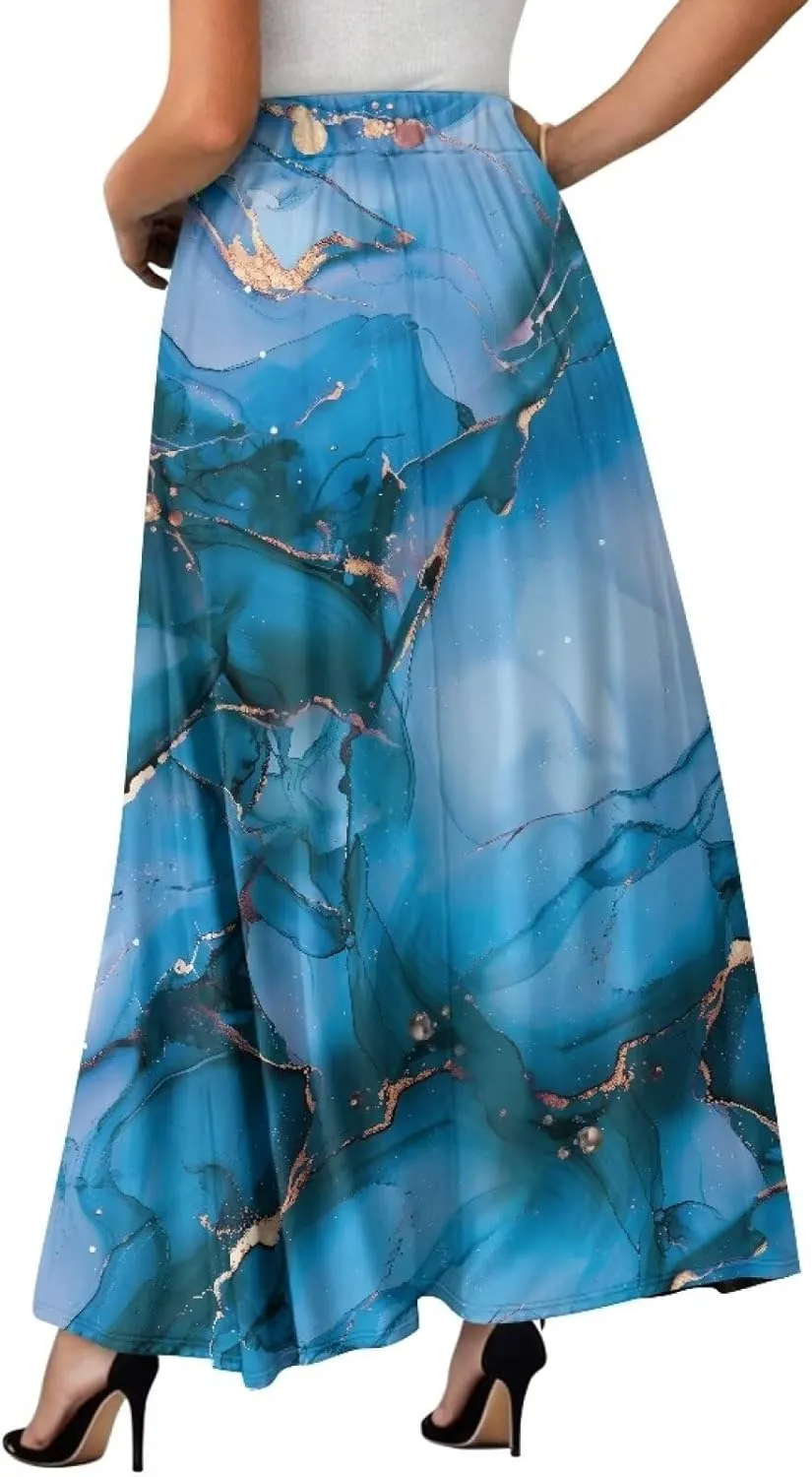 Maxi Skirt for Women Flowy High Waisted Casual Skirt Full Length Comfy Swing Skirts with Pockets Size S-2XL