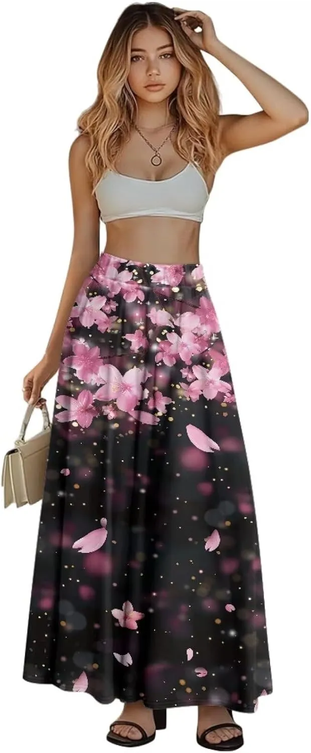 Maxi Skirt for Women Flowy High Waisted Casual Skirt Full Length Comfy Swing Skirts with Pockets Size S-2XL