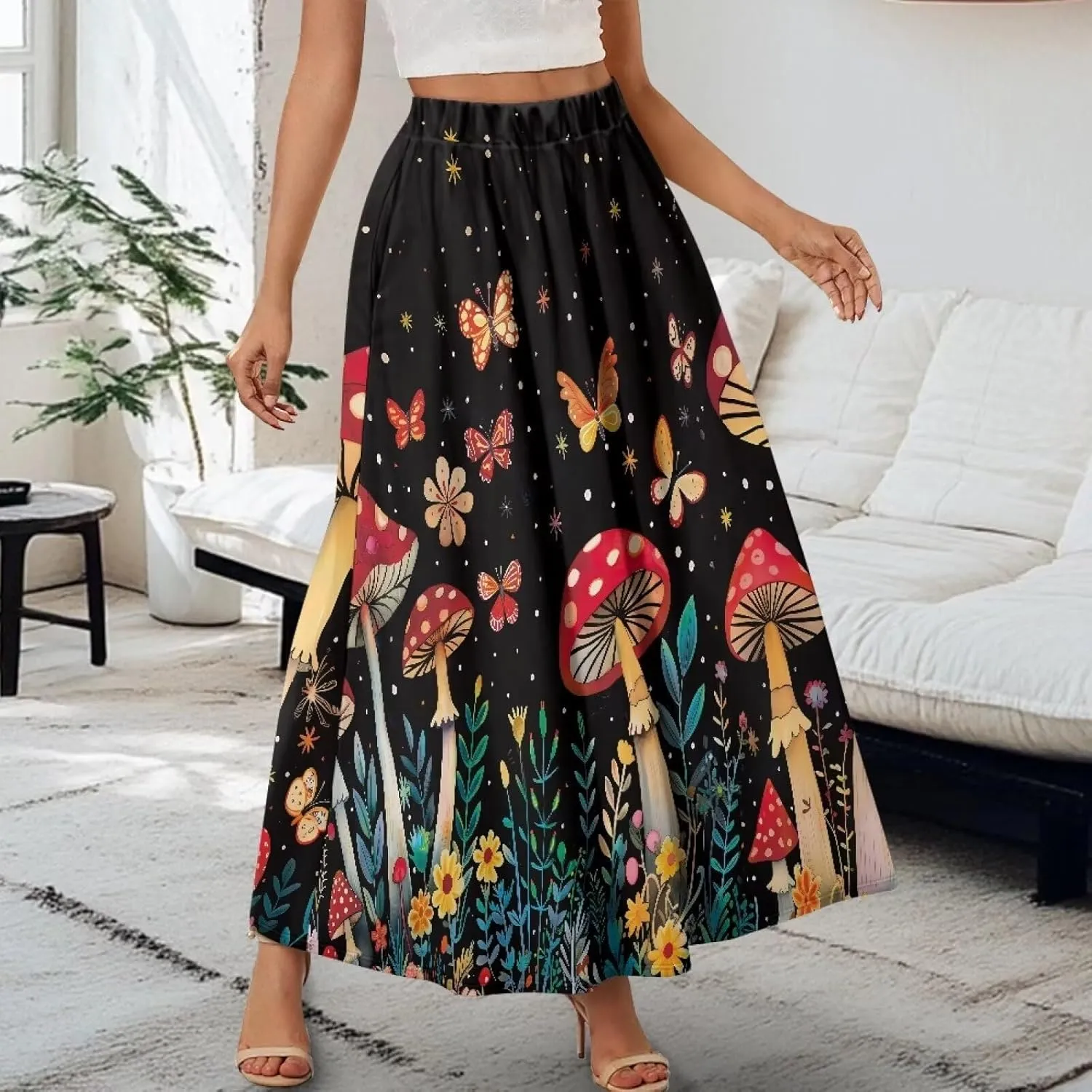 Maxi Skirt for Women Flowy High Waisted Casual Skirt Full Length Comfy Swing Skirts with Pockets Size S-2XL