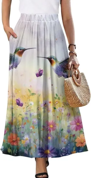 Maxi Skirt for Women Flowy High Waisted Long Skirt with Pockets Swing Skirts for Party Festival Wedding Size S-2XL