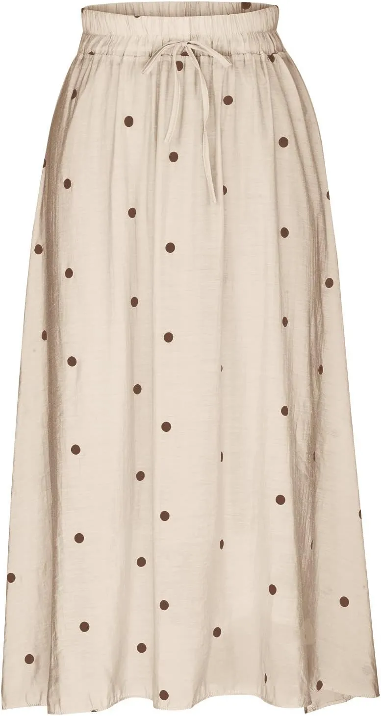 Maxi Skirts for Women Elegant Polka Dot Floral Boho Skirt Cotton Linen A-Line Swing Pleated Midi Long Skirt