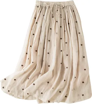 Maxi Skirts for Women Elegant Polka Dot Floral Boho Skirt Cotton Linen A-Line Swing Pleated Midi Long Skirt