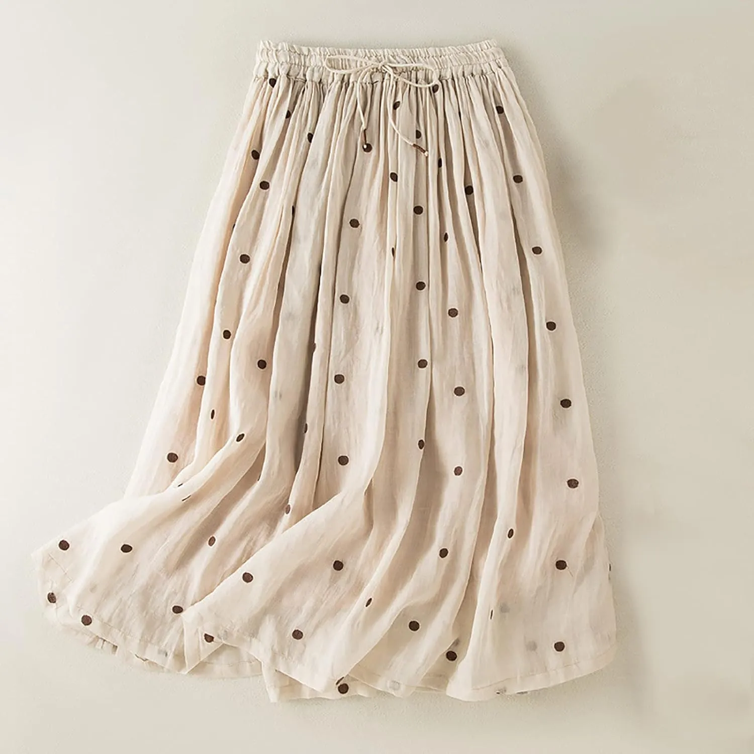 Maxi Skirts for Women Elegant Polka Dot Floral Boho Skirt Cotton Linen A-Line Swing Pleated Midi Long Skirt