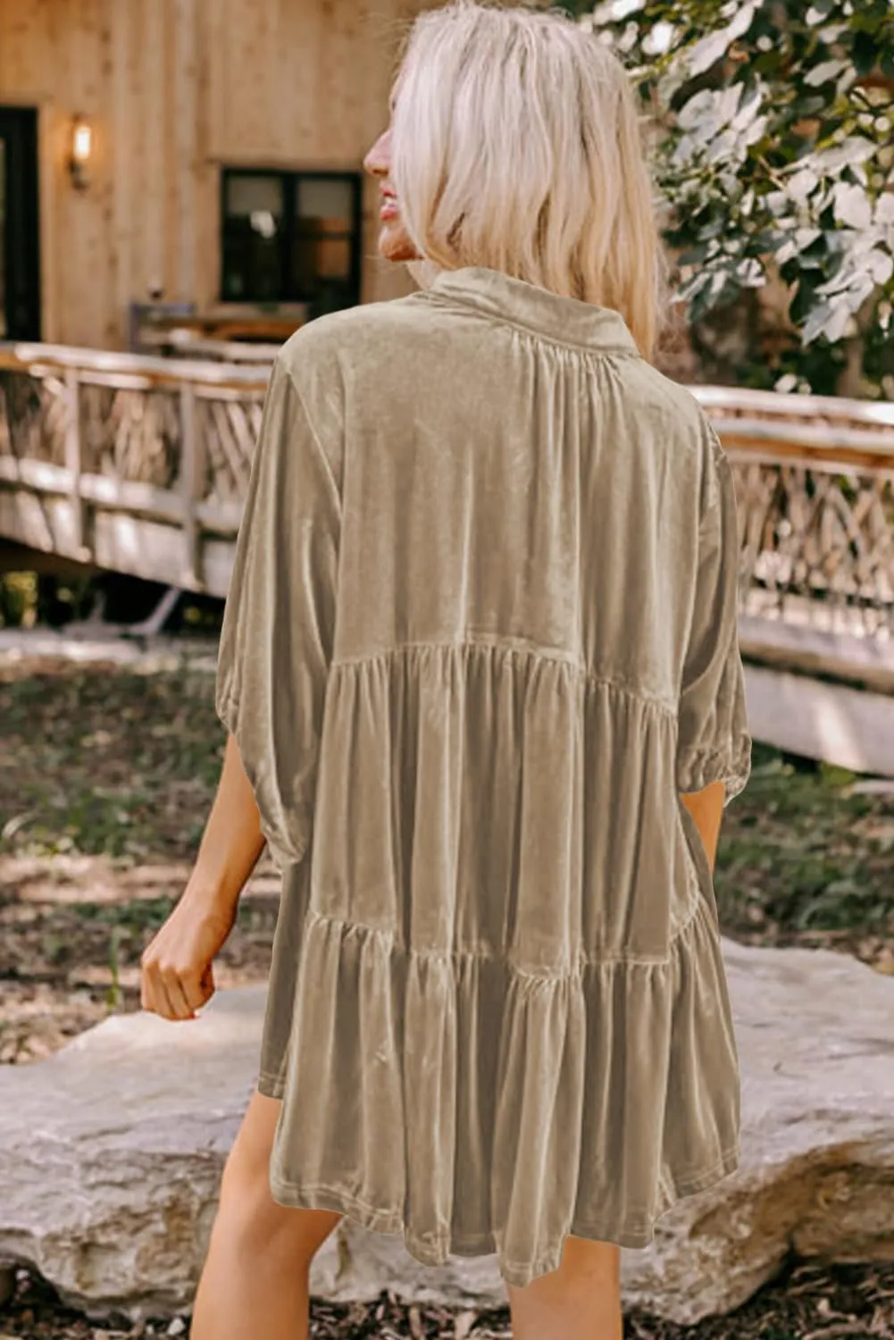 Melliflo Womens Velvet Dress Button Down T Shirt 3/4 Sleeve Tunic Tops Casual Lapel Babydoll Mini Dress