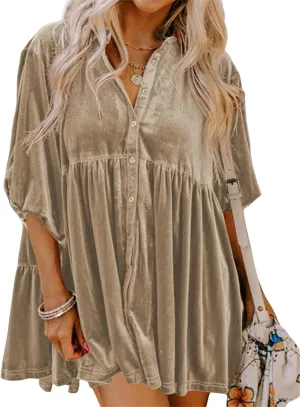 Melliflo Womens Velvet Dress Button Down T Shirt 3/4 Sleeve Tunic Tops Casual Lapel Babydoll Mini Dress