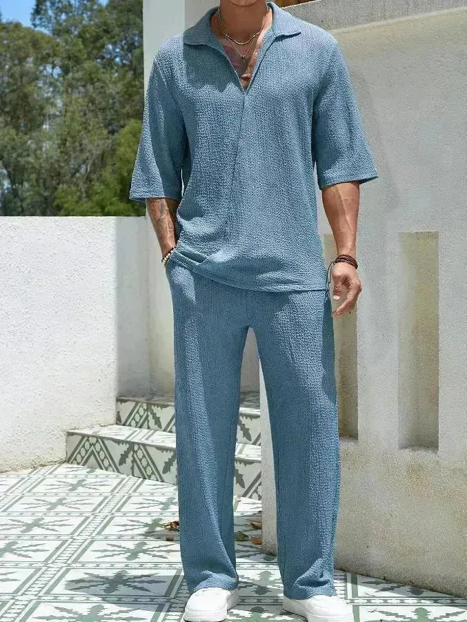 Men Commuter Suits Set Summer Short-sleeved Top And Loose Straight Trousers Casual Men Two piece Outfits set Outdoor Men's Clothing