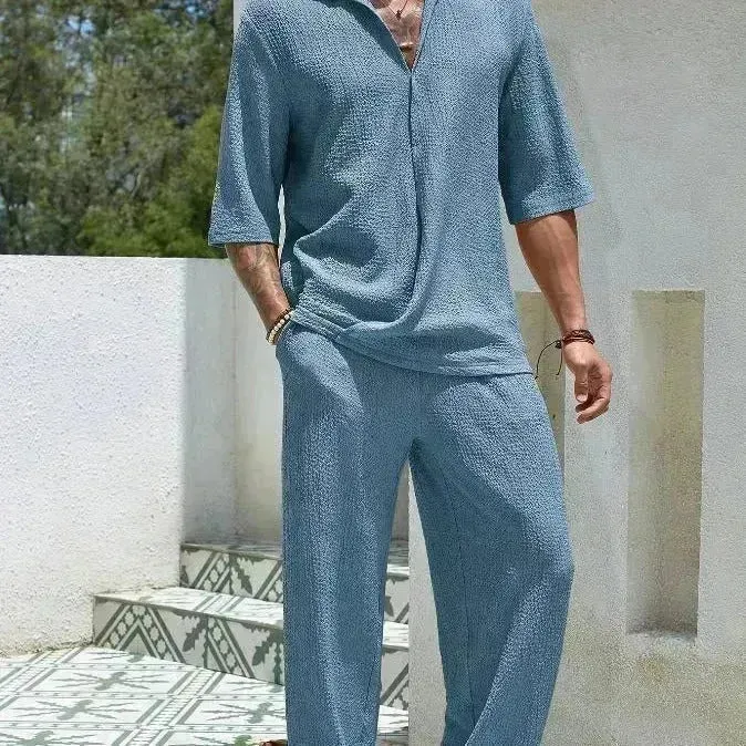 Men Commuter Suits Set Summer Short-sleeved Top And Loose Straight Trousers Casual Men Two piece Outfits set Outdoor Men's Clothing