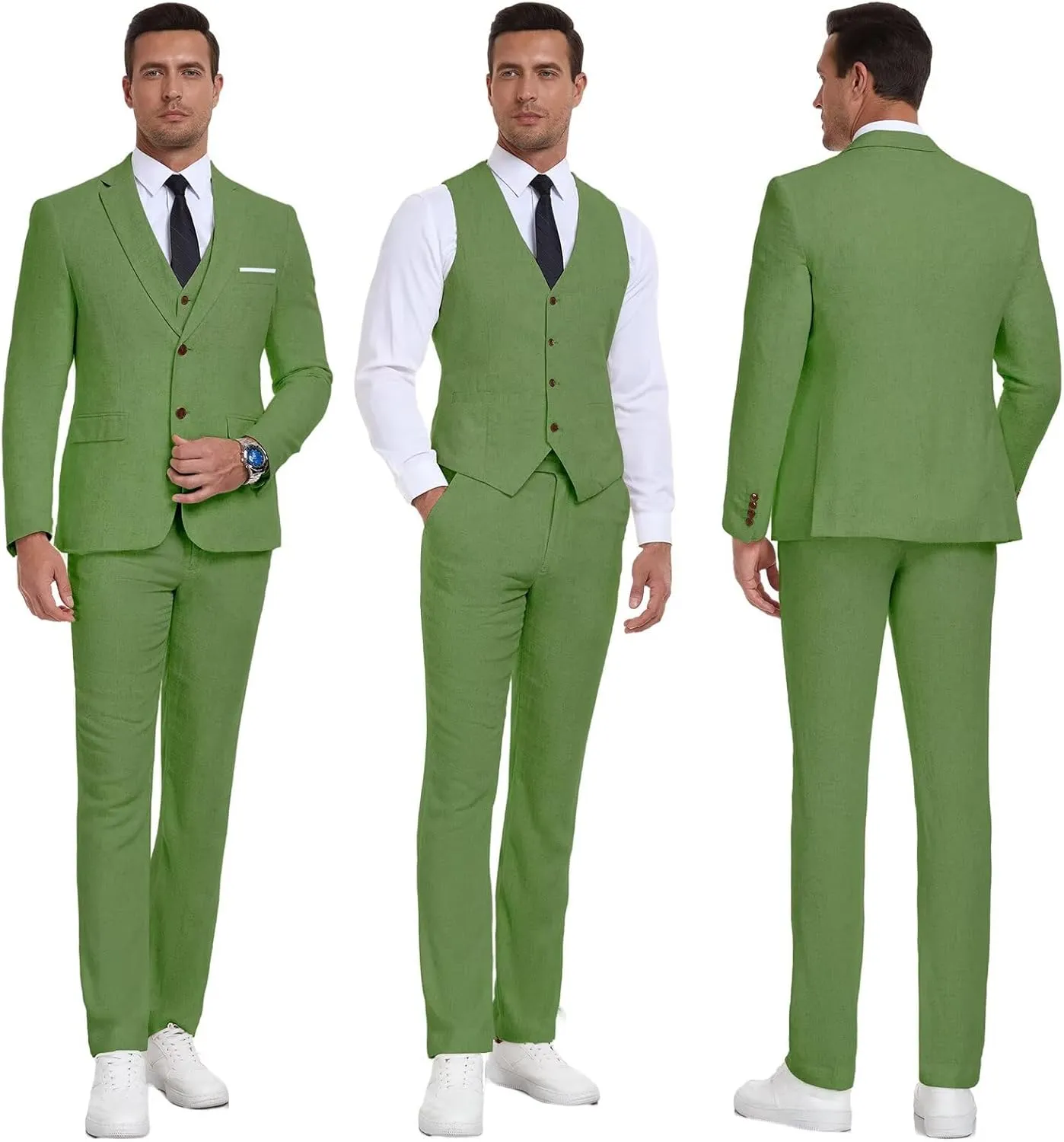 Men Suits Linen Beach Wedding Suits 3 Piece Groomsmen Attire Linen Blazer Vest Pant Prom Tuxedo