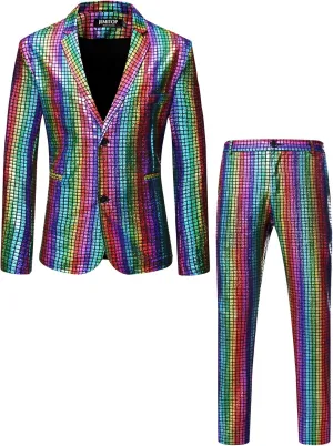 Men's 70s Disco 2 Piece Set Stretchy Shiny Suits Sequin Jacket and Pants