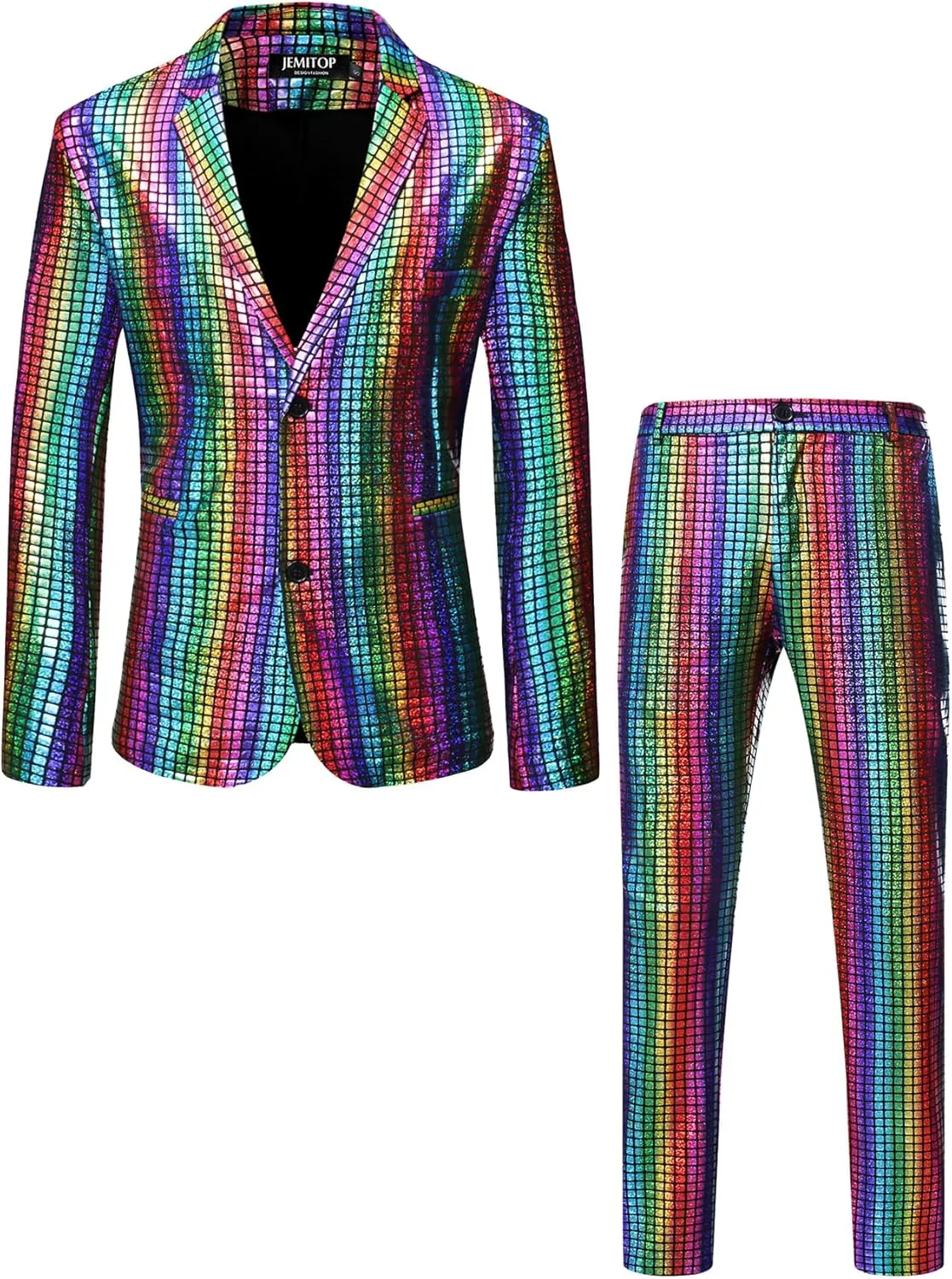 Men's 70s Disco 2 Piece Set Stretchy Shiny Suits Sequin Jacket and Pants