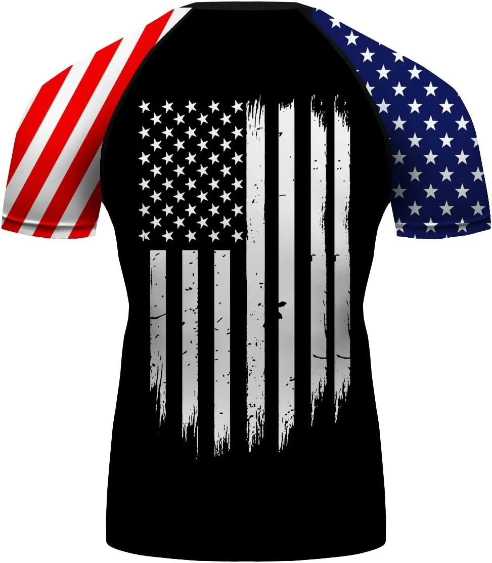 Men's American Flag Series MMA BJJ Cross Training Rash Guard Shorts Spat No Gi Set 2 PCS - Workout Outfit Set