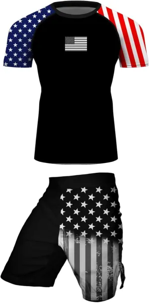 Men's American Flag Series MMA BJJ Cross Training Rash Guard Shorts Spat No Gi Set 2 PCS - Workout Outfit Set