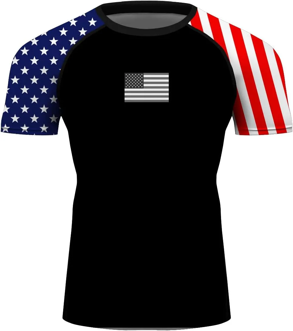 Men's American Flag Series MMA BJJ Cross Training Rash Guard Shorts Spat No Gi Set 2 PCS - Workout Outfit Set