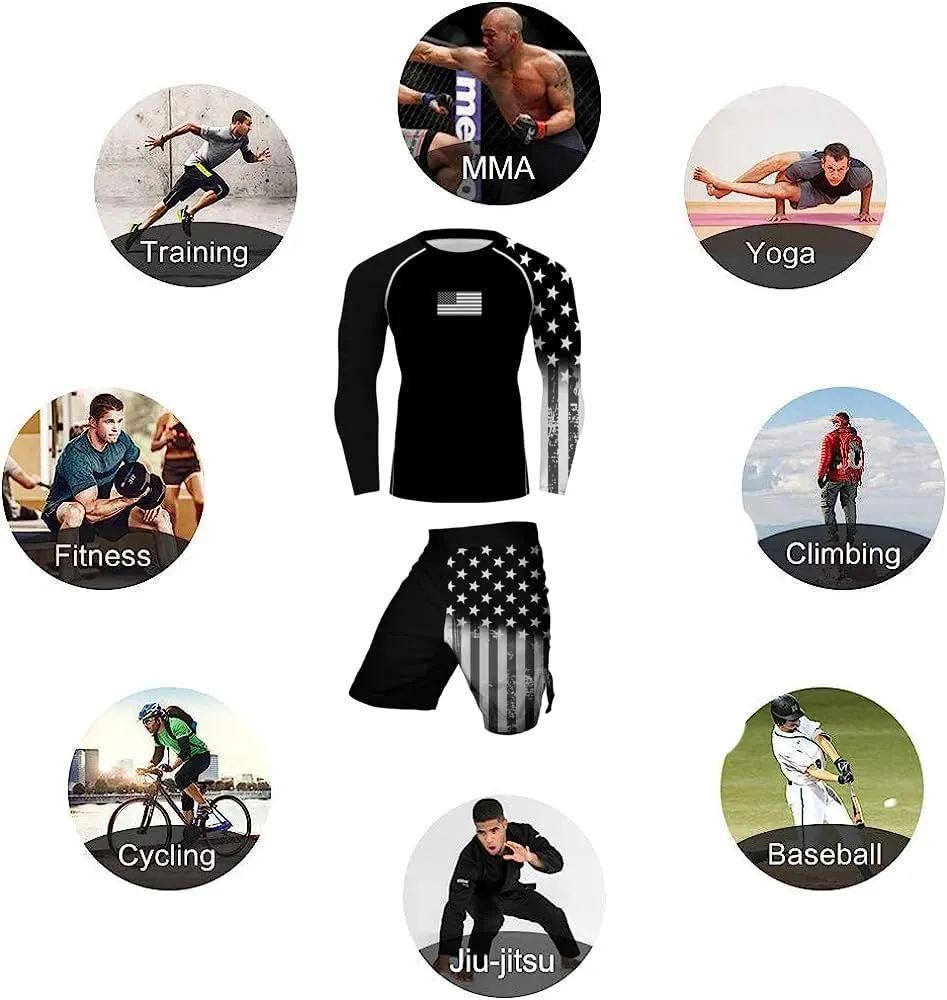 Men's American Flag Series MMA BJJ Cross Training Rash Guard Shorts Spat No Gi Set 2 PCS - Workout Outfit Set