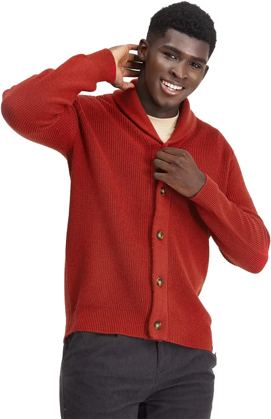 Men's Polyana Cashmere Waffle Cardigan Jacket Ribbed Knit with Long Sleeve