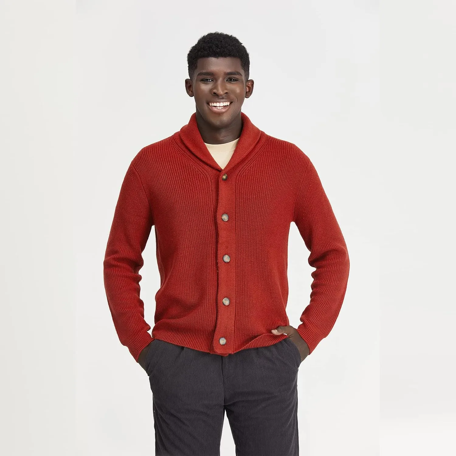 Men's Polyana Cashmere Waffle Cardigan Jacket Ribbed Knit with Long Sleeve
