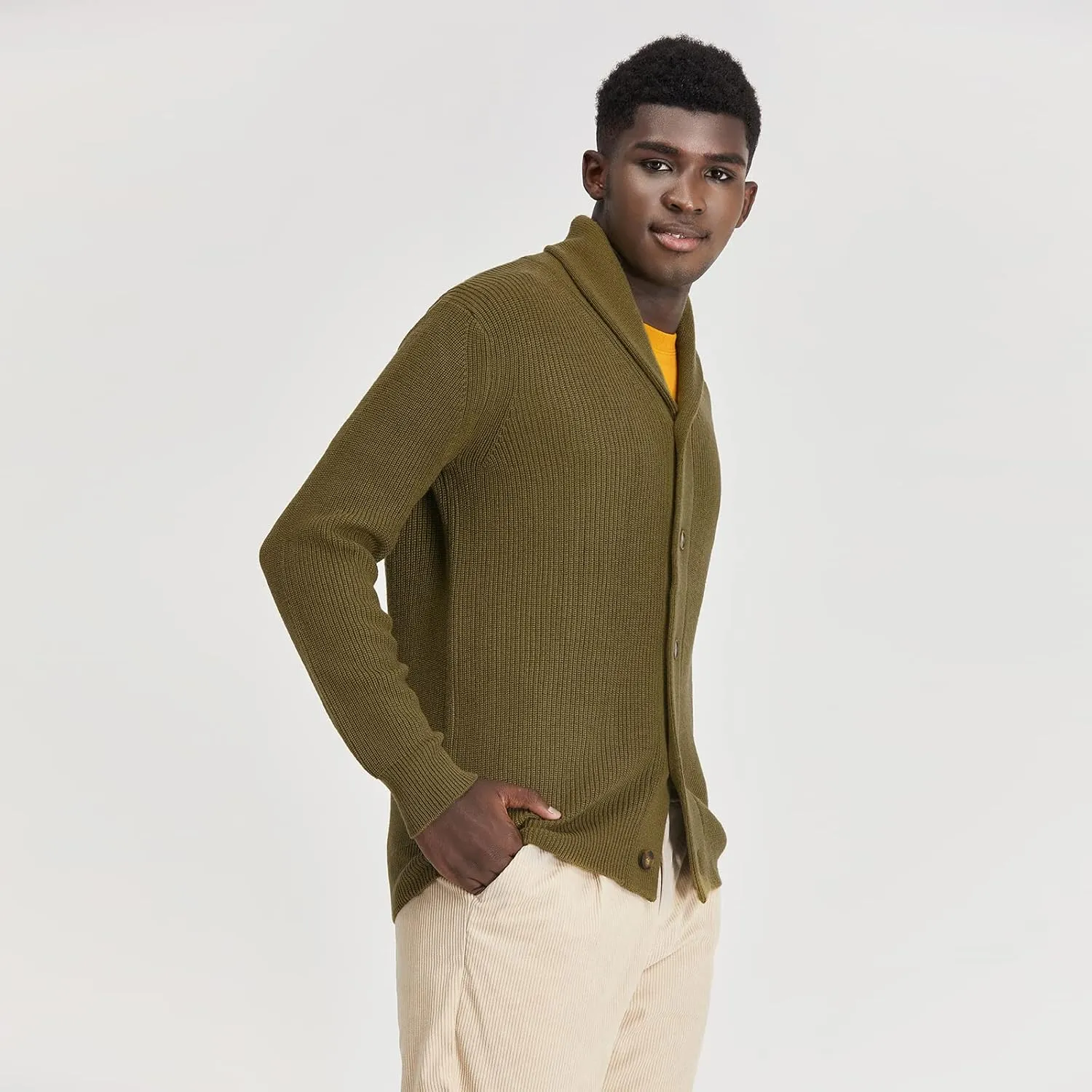 Men's Polyana Cashmere Waffle Cardigan Jacket Ribbed Knit with Long Sleeve