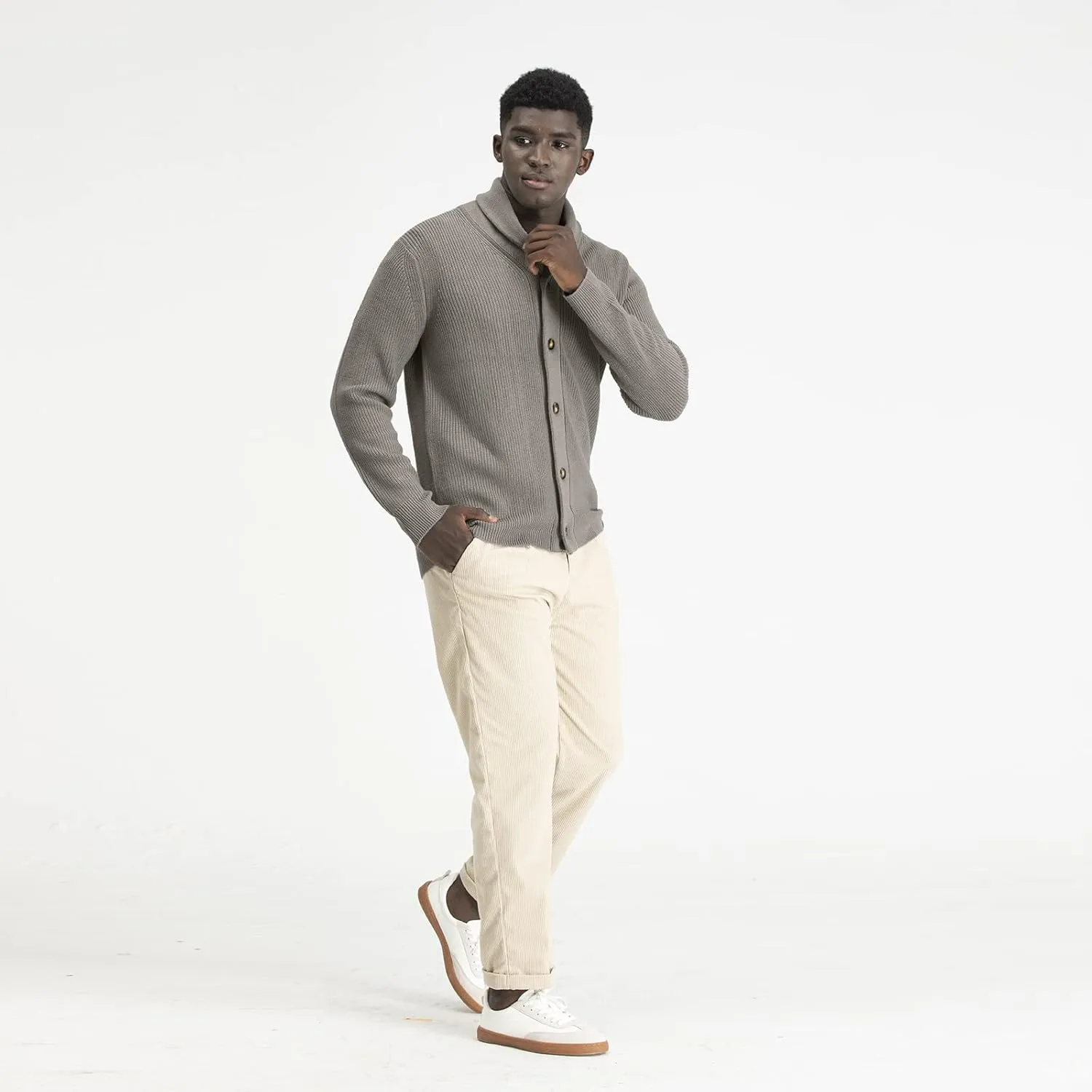 Men's Polyana Cashmere Waffle Cardigan Jacket Ribbed Knit with Long Sleeve
