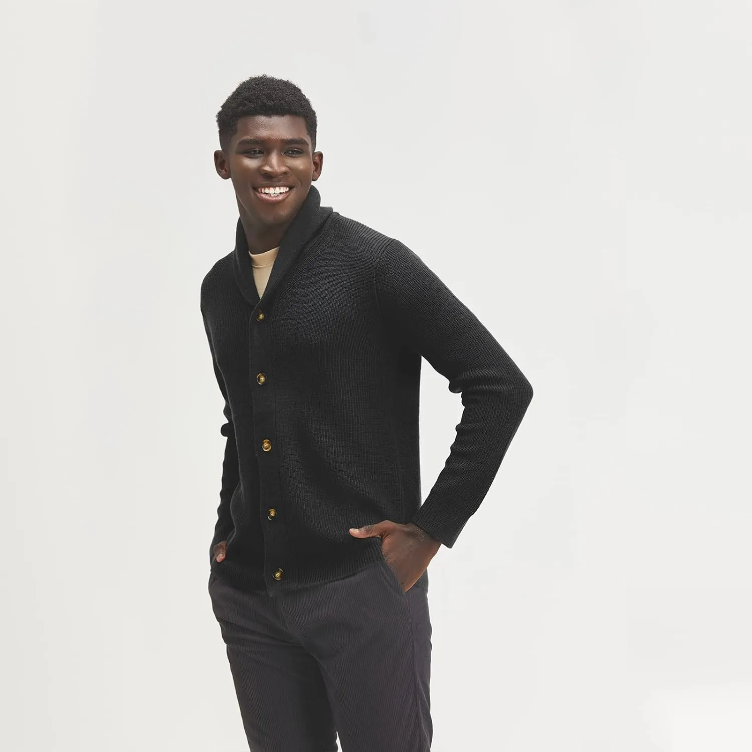 Men's Polyana Cashmere Waffle Cardigan Jacket Ribbed Knit with Long Sleeve